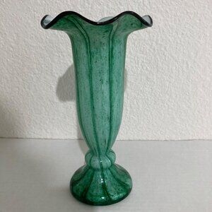 Art Deco FRANZ WELZ Czech Bohemian Green Striped Cased Art Glass Vase 8”